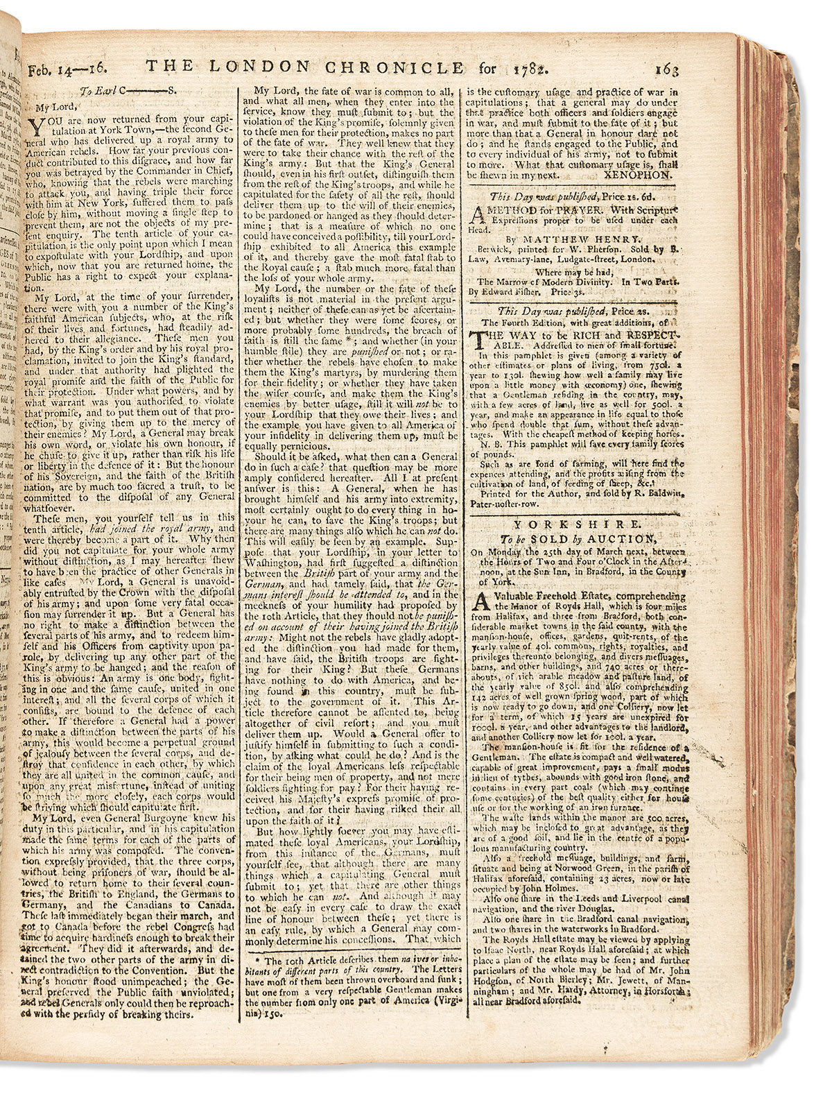 (AMERICAN REVOLUTION--1782.) Bound volume of the London Chronicle for the first half of 1782.